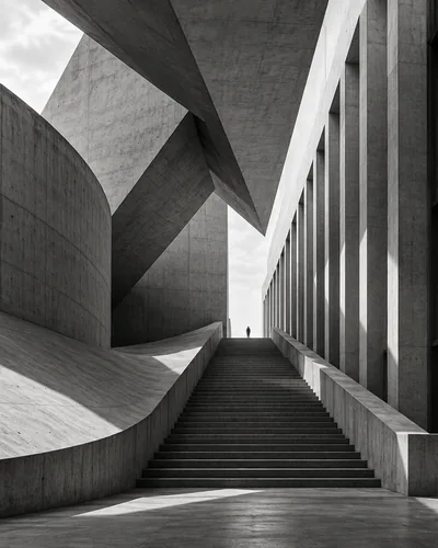 Passagem entre planos de concreto em direção à luz.